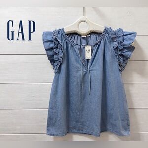GAP Blue Ruffled Denim Blouse Size S. NWT